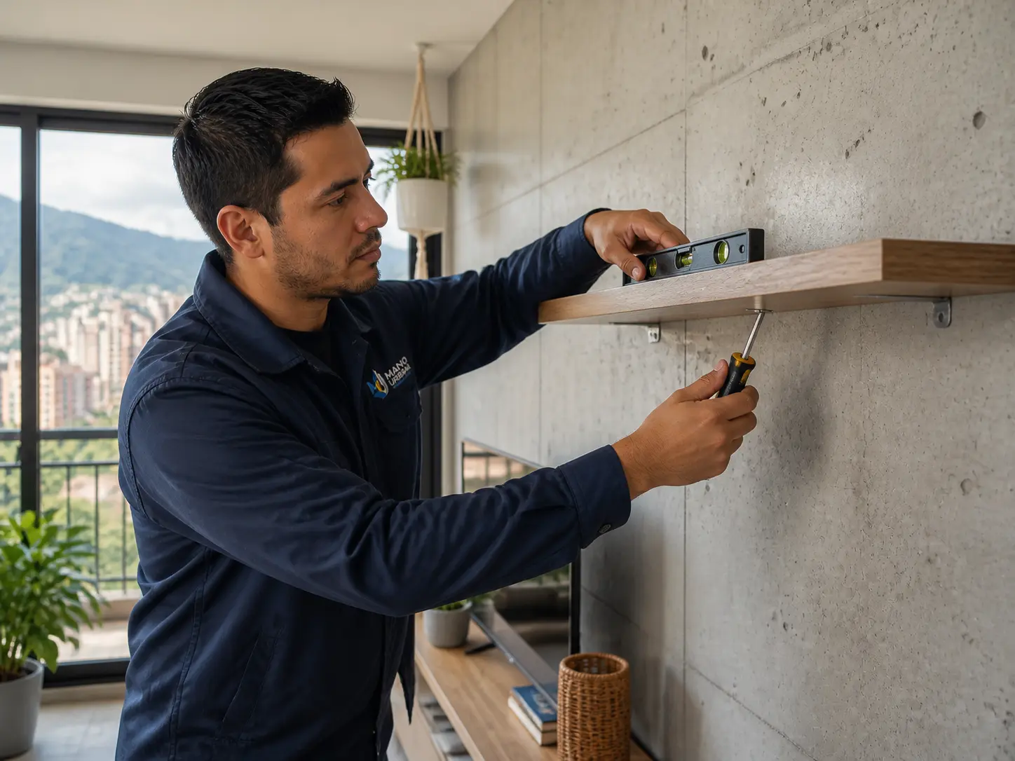 Técnico de Mano Urbana nivela una repisa durante su instalación.
