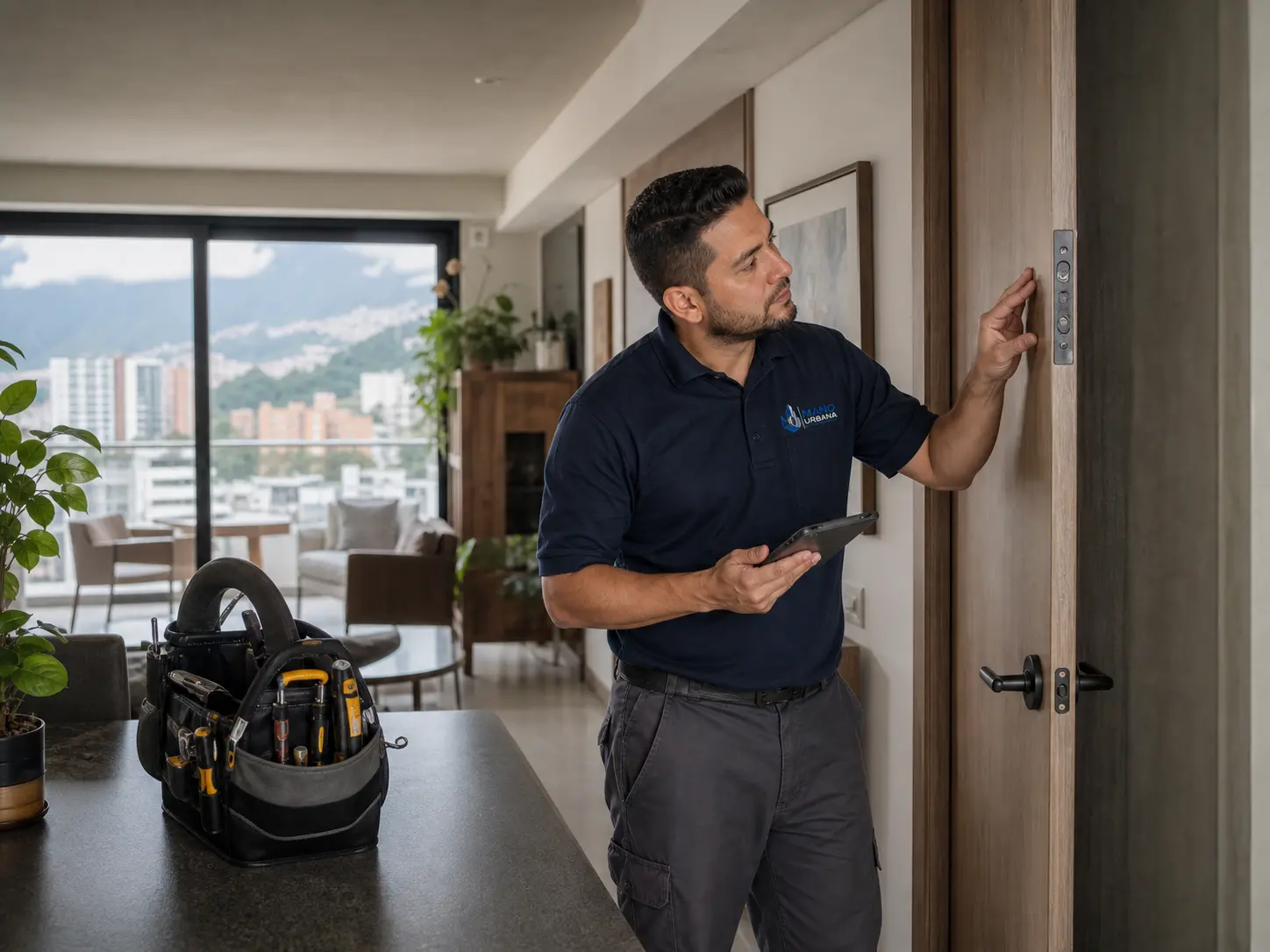Técnico de Mano Urbana revisa un herraje antes de iniciar un mantenimiento locativo.