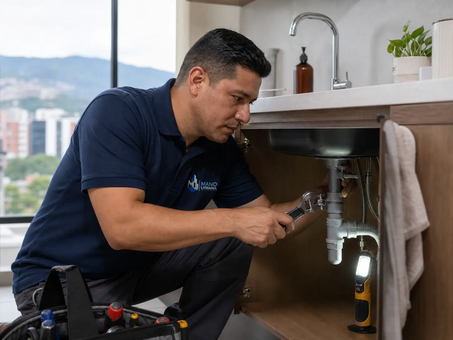 Técnico de Mano Urbana revisa una conexión accesible bajo un lavamanos.