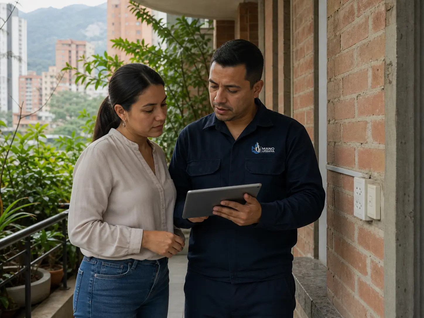 Técnico de Mano Urbana revisa el alcance de un trabajo con una clienta.