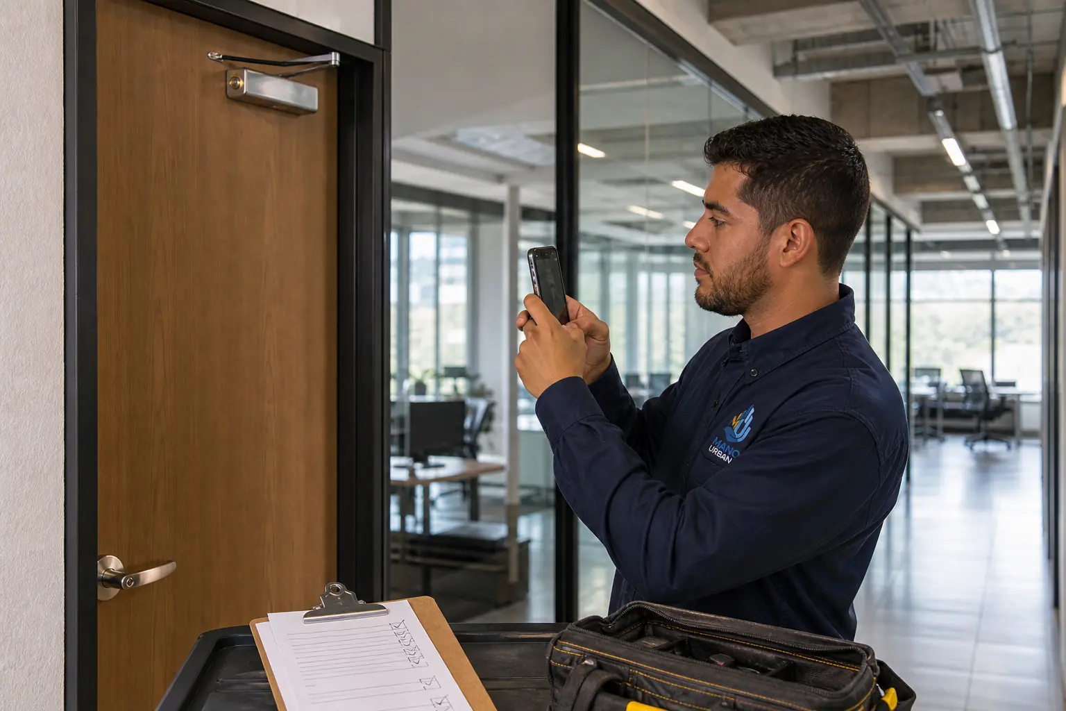 Técnico de Mano Urbana documenta el cierre de un ajuste en una oficina.